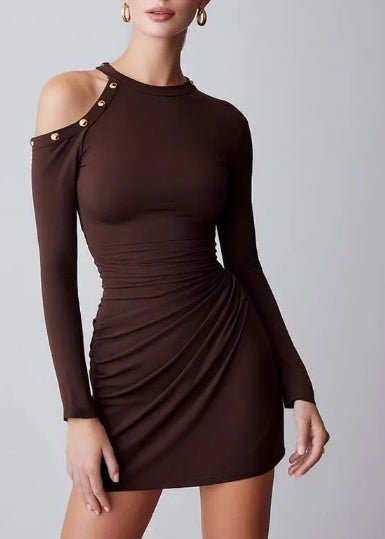 Chocolate Ruched Mini Dress — Gold Button Cut - Out - aarohi