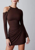 Chocolate Ruched Mini Dress — Gold Button Cut - Out - aarohi