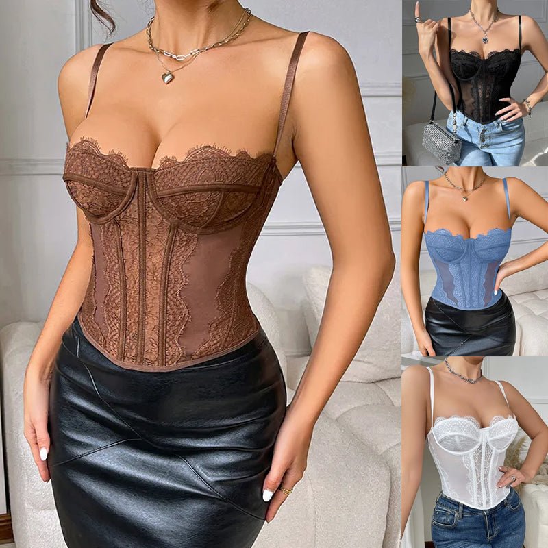 Lace Spaghetti Strap Open Back Corset Camisole - aarohi