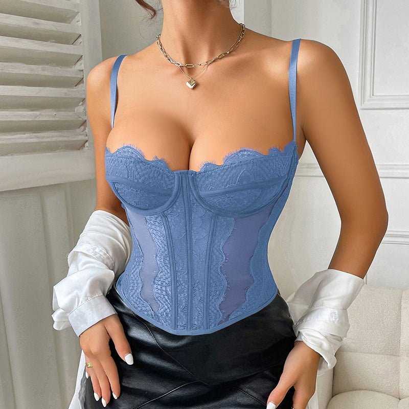 Lace Spaghetti Strap Open Back Corset Camisole - aarohi