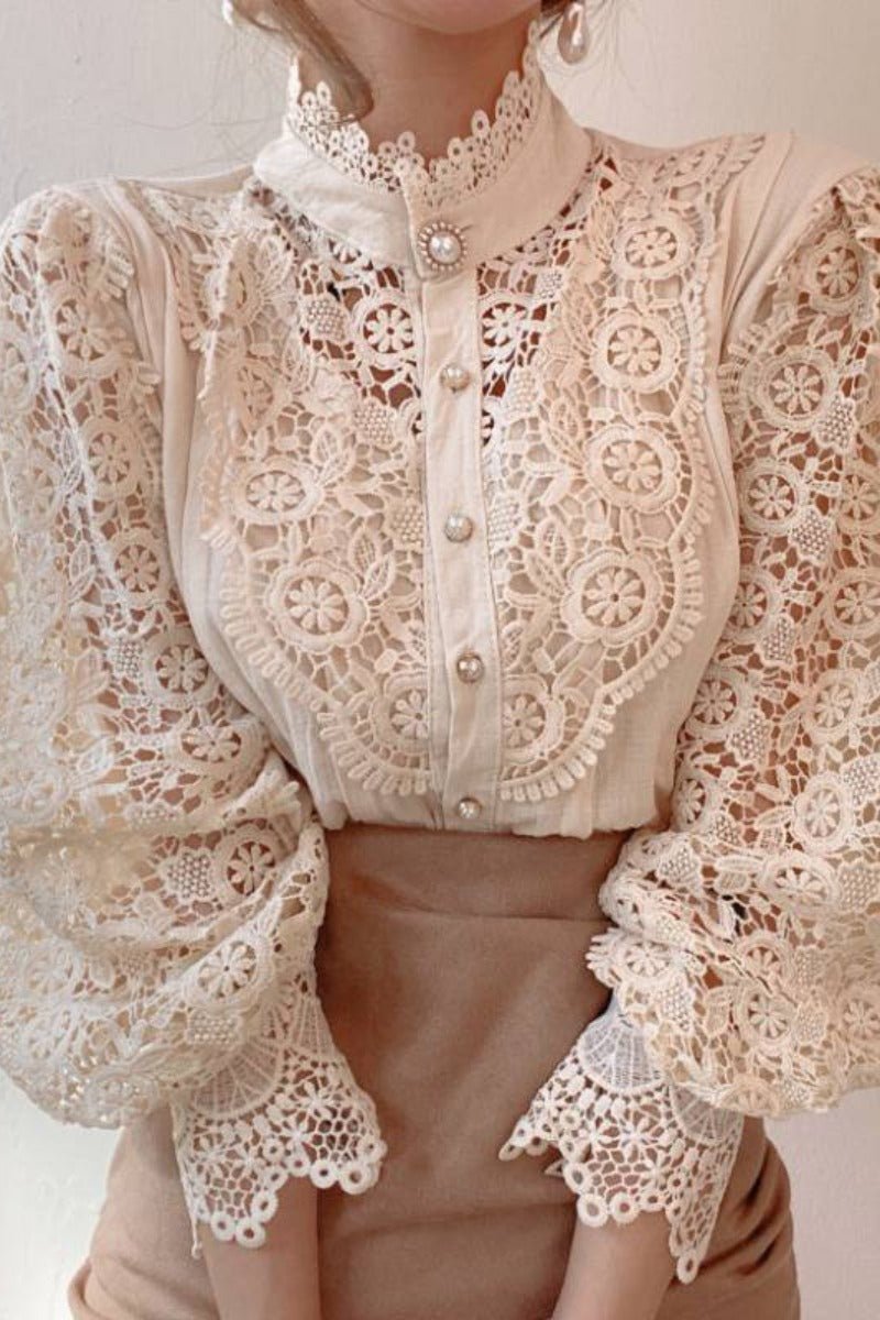 Lace Stand - Up Collar Long Sleeve Blouse - aarohi