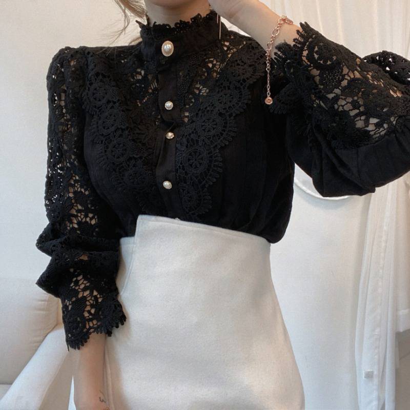 Lace Stand - Up Collar Long Sleeve Blouse - aarohi
