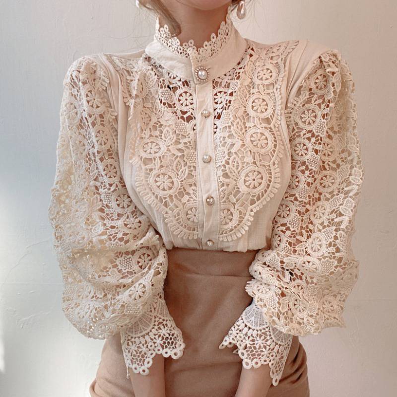 Lace Stand - Up Collar Long Sleeve Blouse - aarohi