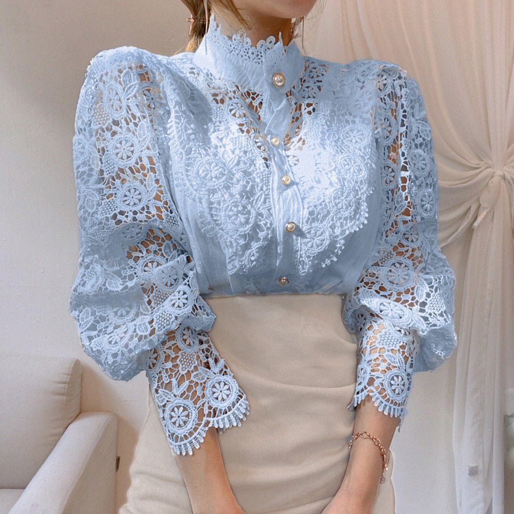 Lace Stand - Up Collar Long Sleeve Blouse - aarohi