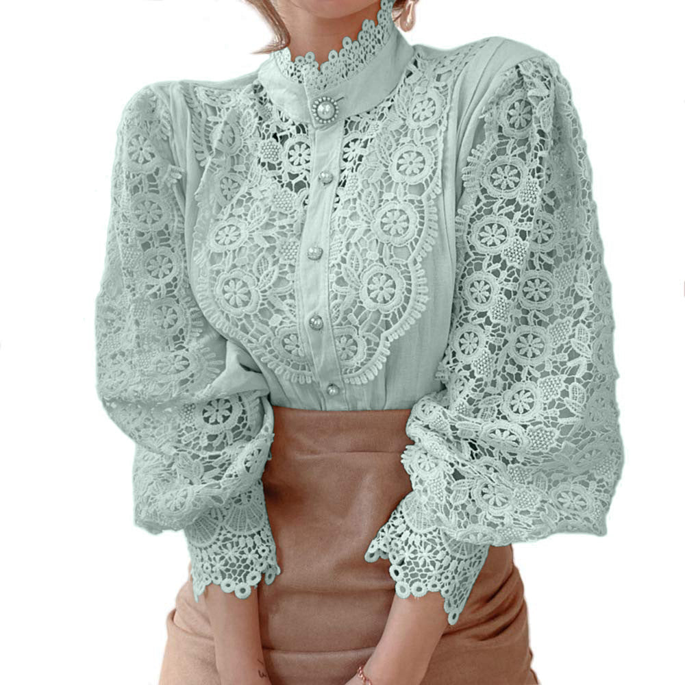 Lace Stand - Up Collar Long Sleeve Blouse - aarohi