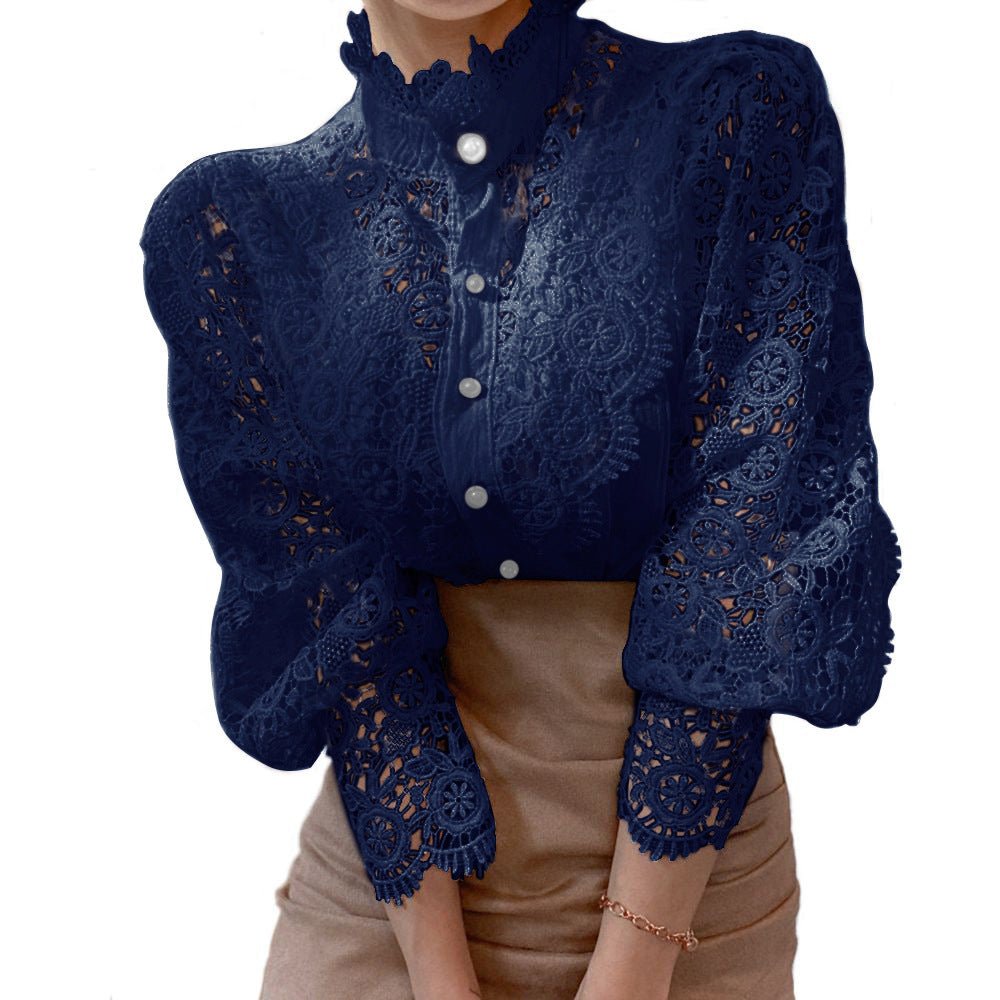 Lace Stand - Up Collar Long Sleeve Blouse - aarohi
