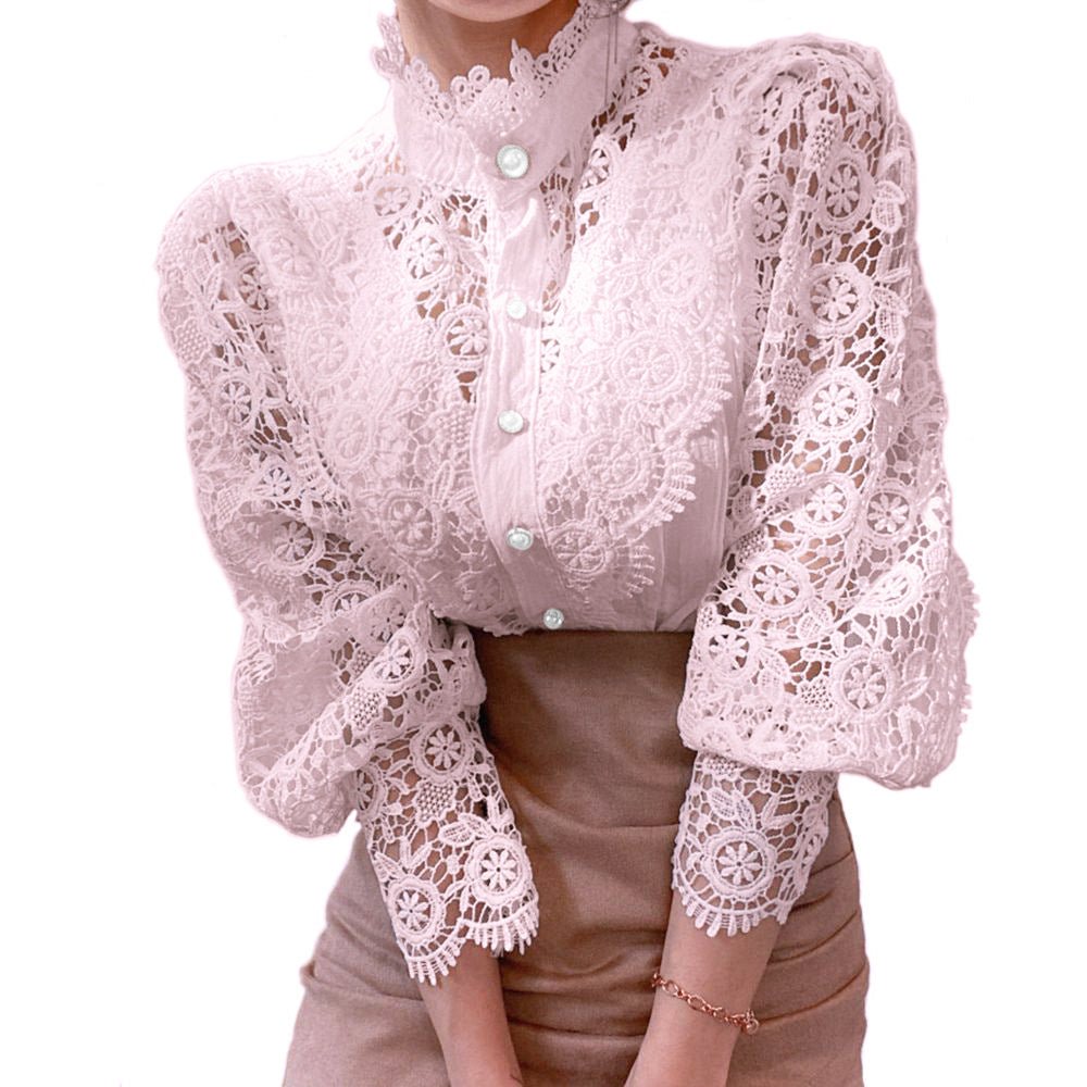 Lace Stand - Up Collar Long Sleeve Blouse - aarohi