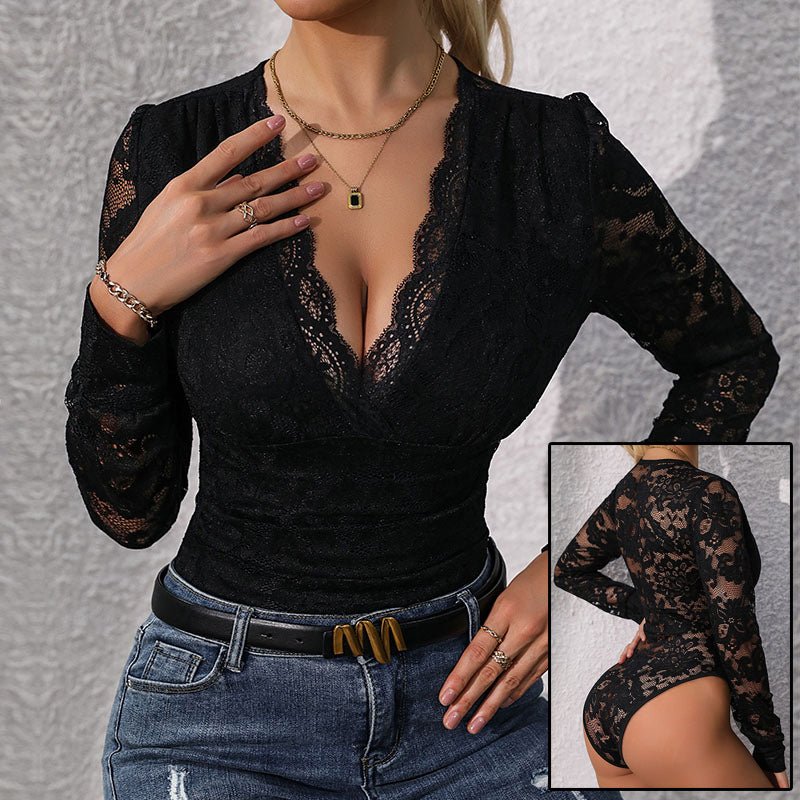 Lace - Up Deep V - Neck Long Sleeve Bodysuit - aarohi