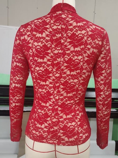 Red Lace Mock - Neck Long Sleeve Top - aarohi
