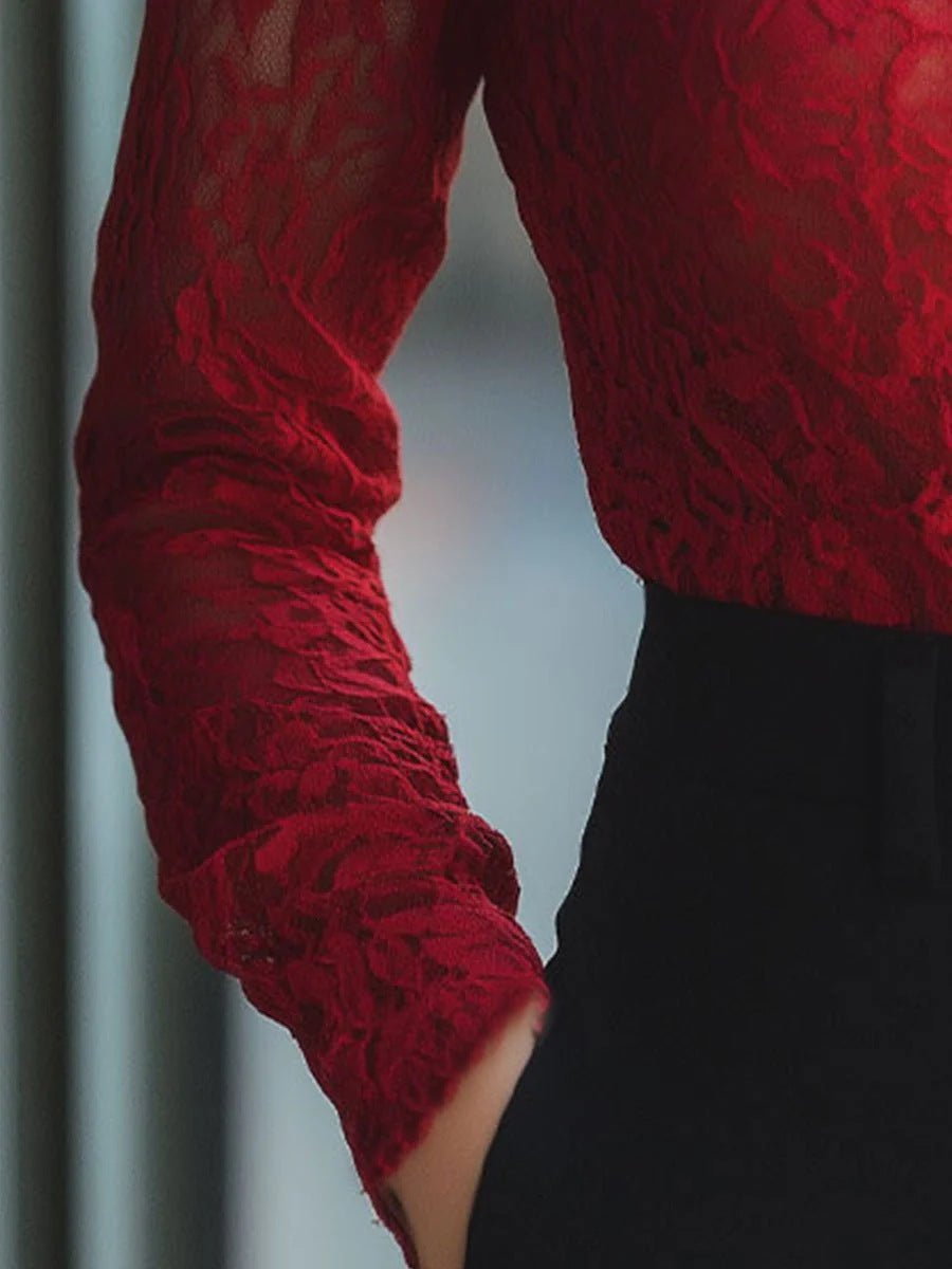 Red Lace Mock - Neck Long Sleeve Top - aarohi