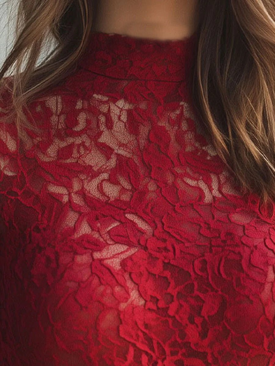 Red Lace Mock - Neck Long Sleeve Top - aarohi