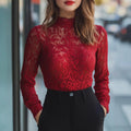 Red Lace Mock - Neck Long Sleeve Top - aarohi