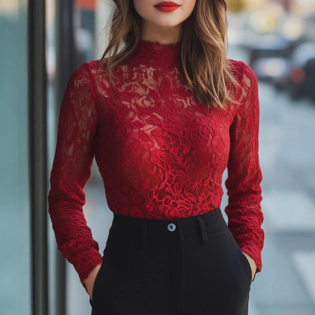 Red Lace Mock - Neck Long Sleeve Top - aarohi