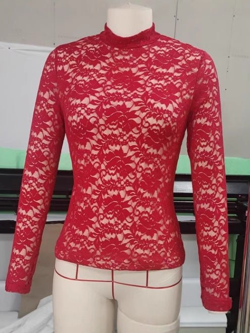 Red Lace Mock - Neck Long Sleeve Top - aarohi