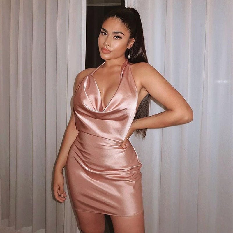 Satin Backless Mini Slip Dress - aarohi