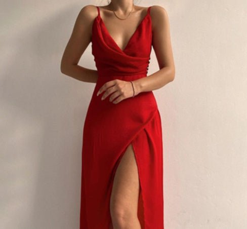 V - Neck Satin Sling Mini Dress - aarohi