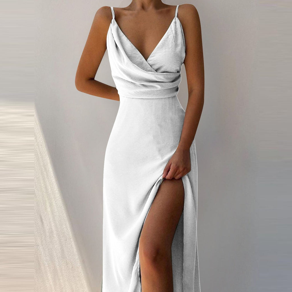 V - Neck Satin Sling Mini Dress - aarohi