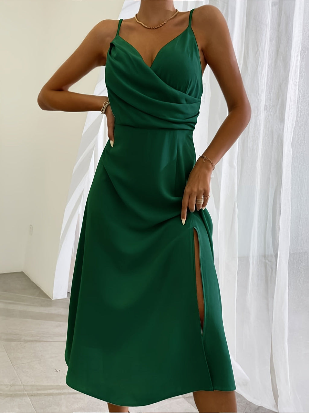 V - Neck Satin Sling Mini Dress - aarohi