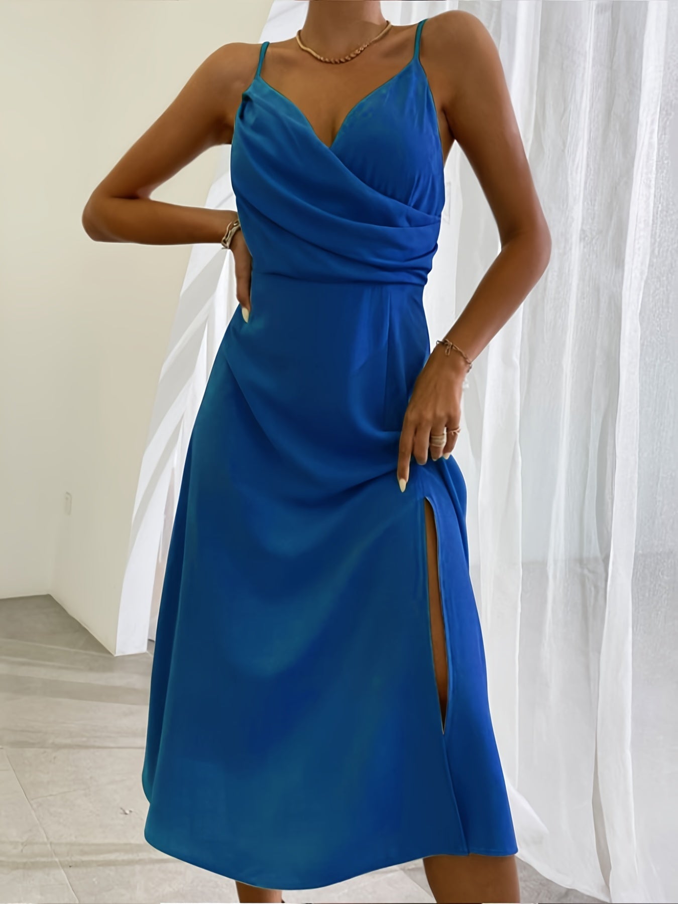 V - Neck Satin Sling Mini Dress - aarohi