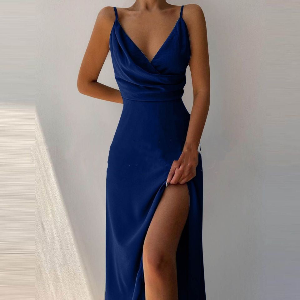 V - Neck Satin Sling Mini Dress - aarohi