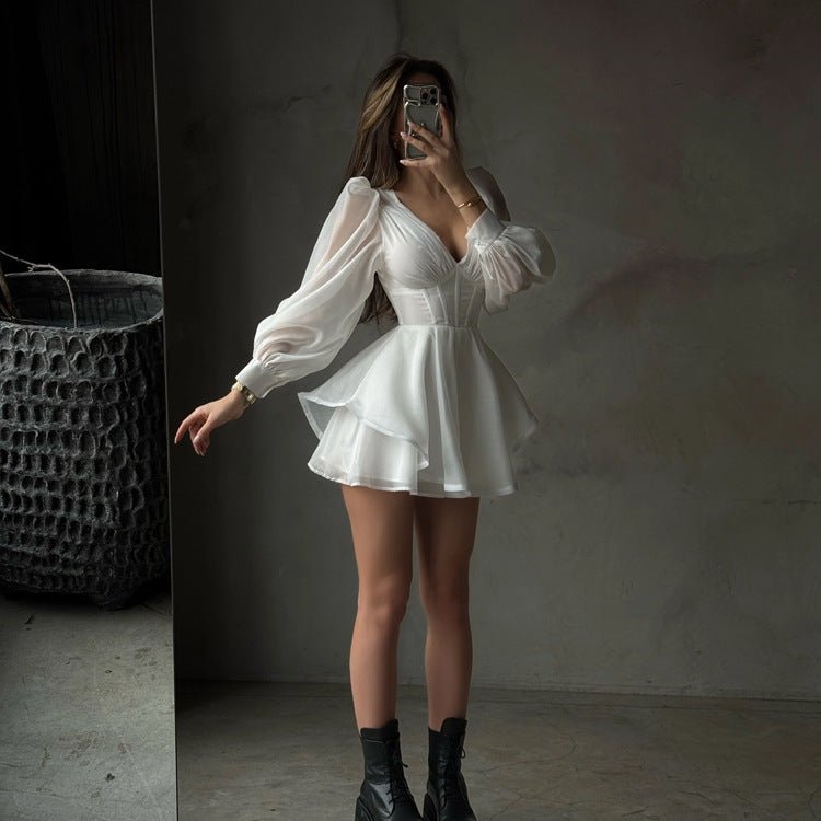 White Corset Puff Sleeve Mini Dress - aarohi