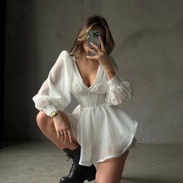 White Corset Puff Sleeve Mini Dress - aarohi