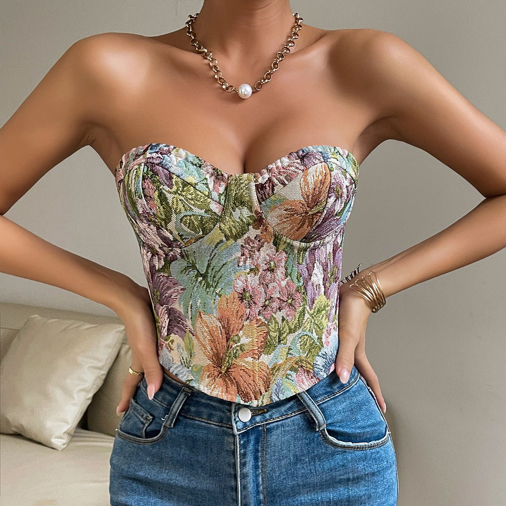 Y2K Floral Print Corset Tube Vest Top - aarohi