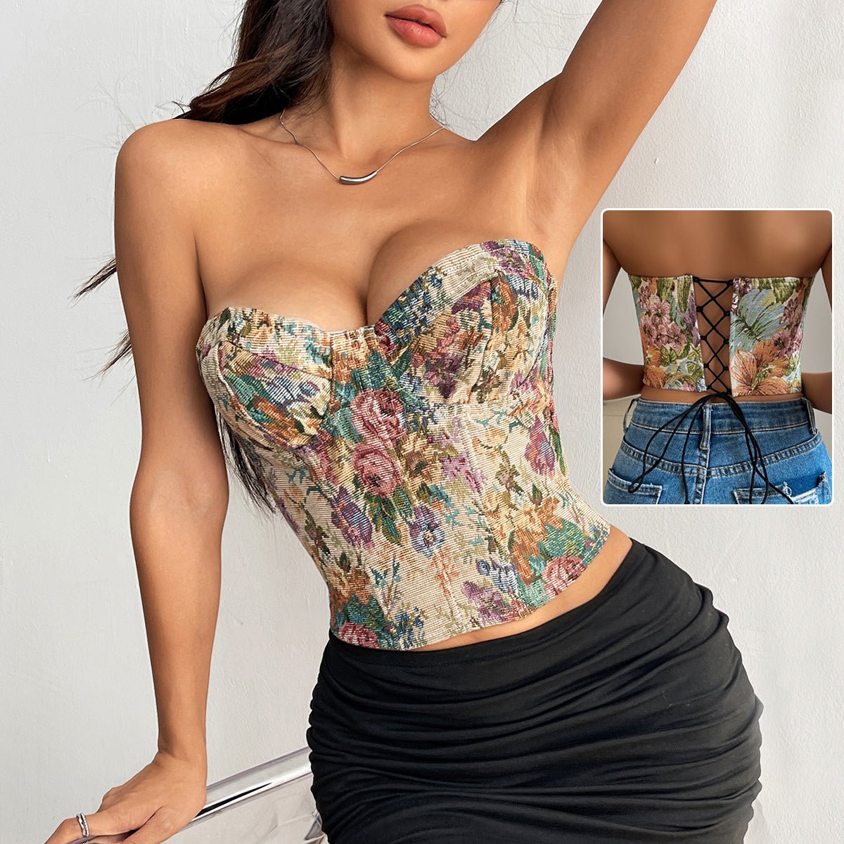Y2K Floral Print Corset Tube Vest Top - aarohi