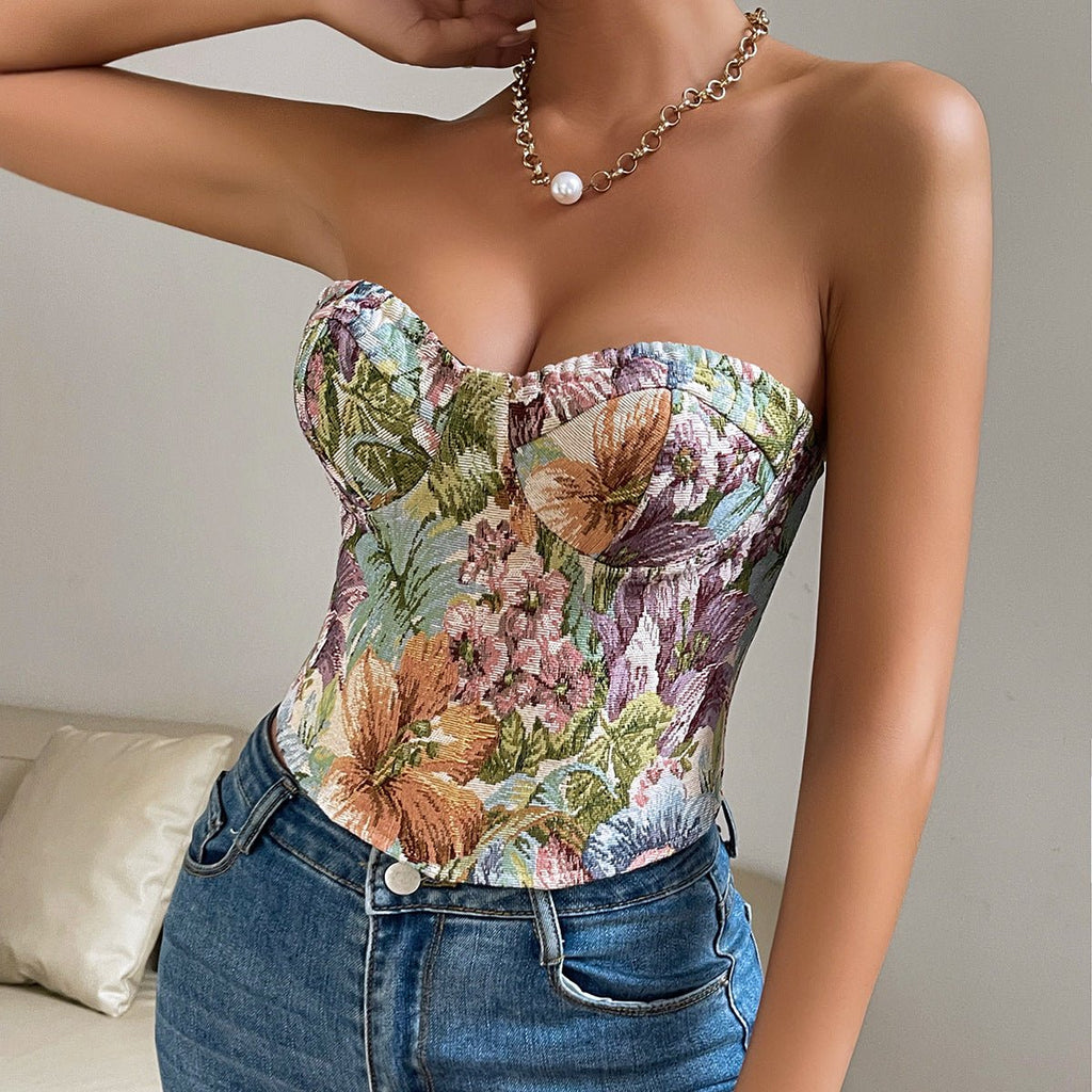 Y2K Floral Print Corset Tube Vest Top - aarohi